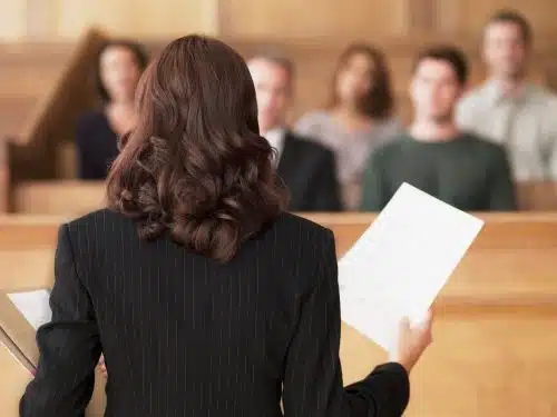 An attorney presenting her case to the jury